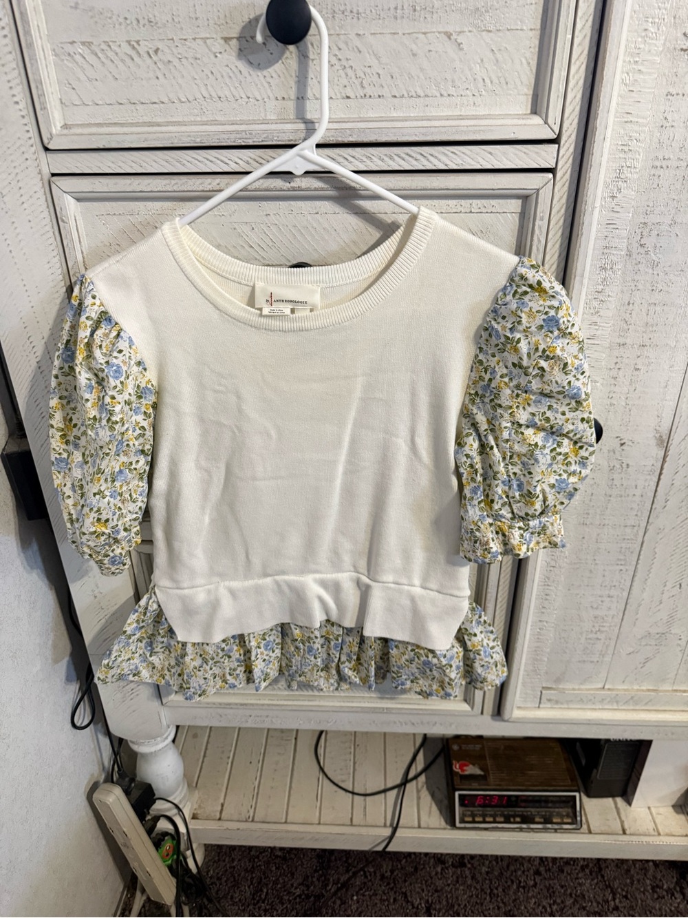Anthropologie Cream Knit Top with Blue & Green Floral Puff Sleeves